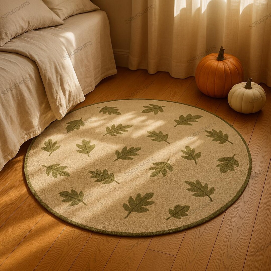 Beige Green Leaf Rug 4x4 5x5 6x6 | Round Wool Carpet | Nature Inspired ...