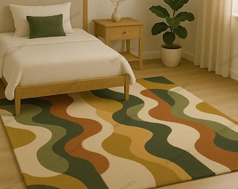 Hand Tufted Wool Area Rug, Modern Wavy Design, Green Mustard Rust