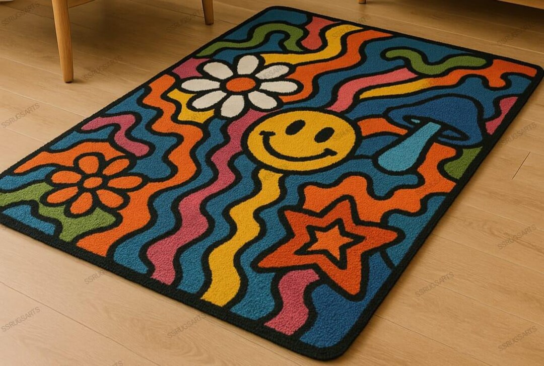 Smiley Rug Temu Hand-tufted Wool Area Rug: Retro Smiley Face, Star & Flowers - Etsy