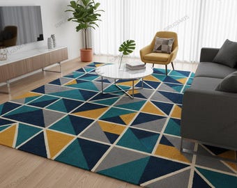 Handtufted Geometric Wool Area Rug: Modern Teal Navy Mustard Triangle Carpet