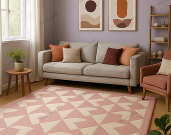 Luxury Hand Tufted Wool Rug, Pink Geometric Area Rug, Modern Abstract Carpet, Scandinavian Living Room Rug, Soft Plush Handmade Rug