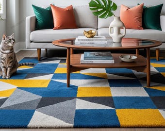 Hand-Tufted Wool Rug: Modern Blue Yellow Geometric Carpet
