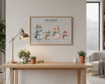 Individuell gestalteter Familienweihnachtsdruck, personalisiertes Schneemannporträt, festliche Wanddekoration