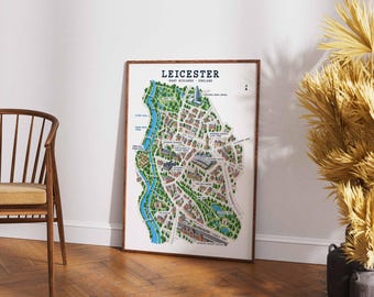 Illustrierter Stadtplan von Leicester, Wandbild für das Stadtzentrum, Poster für die East Midlands