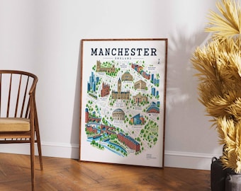 Manchester-Stadtplan als Kunstdruck, illustriertes Wandbild, England-Reiseposter