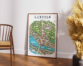 Lincoln-Stadtplan-Druck, Wandbild für Lincolnshire, Reiseposter für England