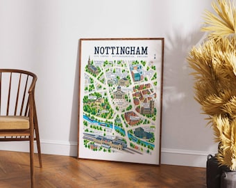 Illustrierter Stadtplan von Nottingham, Wandbild für das Stadtzentrum, Reiseposter für England