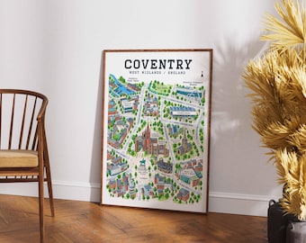 Illustrierter Stadtplan von Coventry, Wandbild für das Stadtzentrum, Poster für die West Midlands