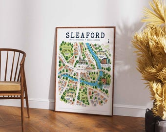 Sleaford-Stadtplan, Wandbild aus Lincolnshire, Reiseplakat für North Kesteven