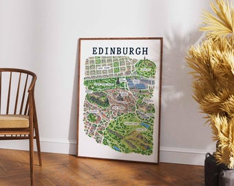 Illustrierter Stadtplan von Edinburgh, Wandbild für Altstadt und Neustadt, Schottland-Poster