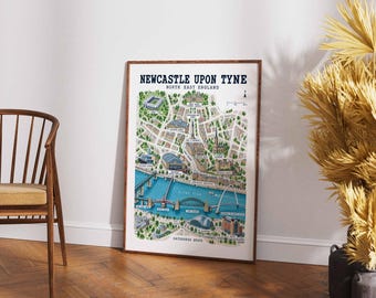 Stadtplan von Newcastle upon Tyne, Wandbild für die Uferpromenade, Poster für Nordostengland