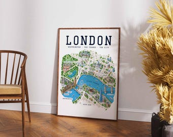 Illustrierter Stadtplan von London, Wandbild für das Zentrum Londons, Reiseposter für England