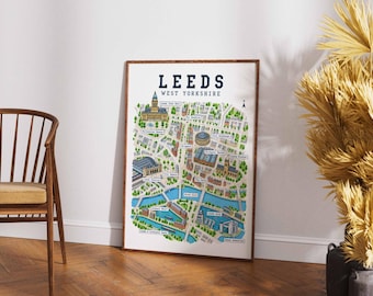 Leeds-Stadtplan als Kunstdruck, Wandbild für West Yorkshire, illustriertes Stadtreiseposter