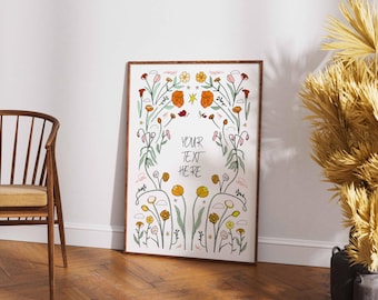Individueller Blumendruck mit Spruch, personalisiertes Poster mit botanischem Text, Wandbild mit Wildblumen