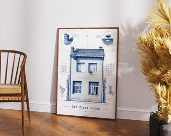 Personalisierter Hausporträt-Druck, Wohnkunst im Bauplan-Stil, individuelles Geschenk für Zuhause