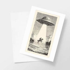 Victorian Horse Abduction Greeting Card, Equestrian Vintage Alien UFO Stationery