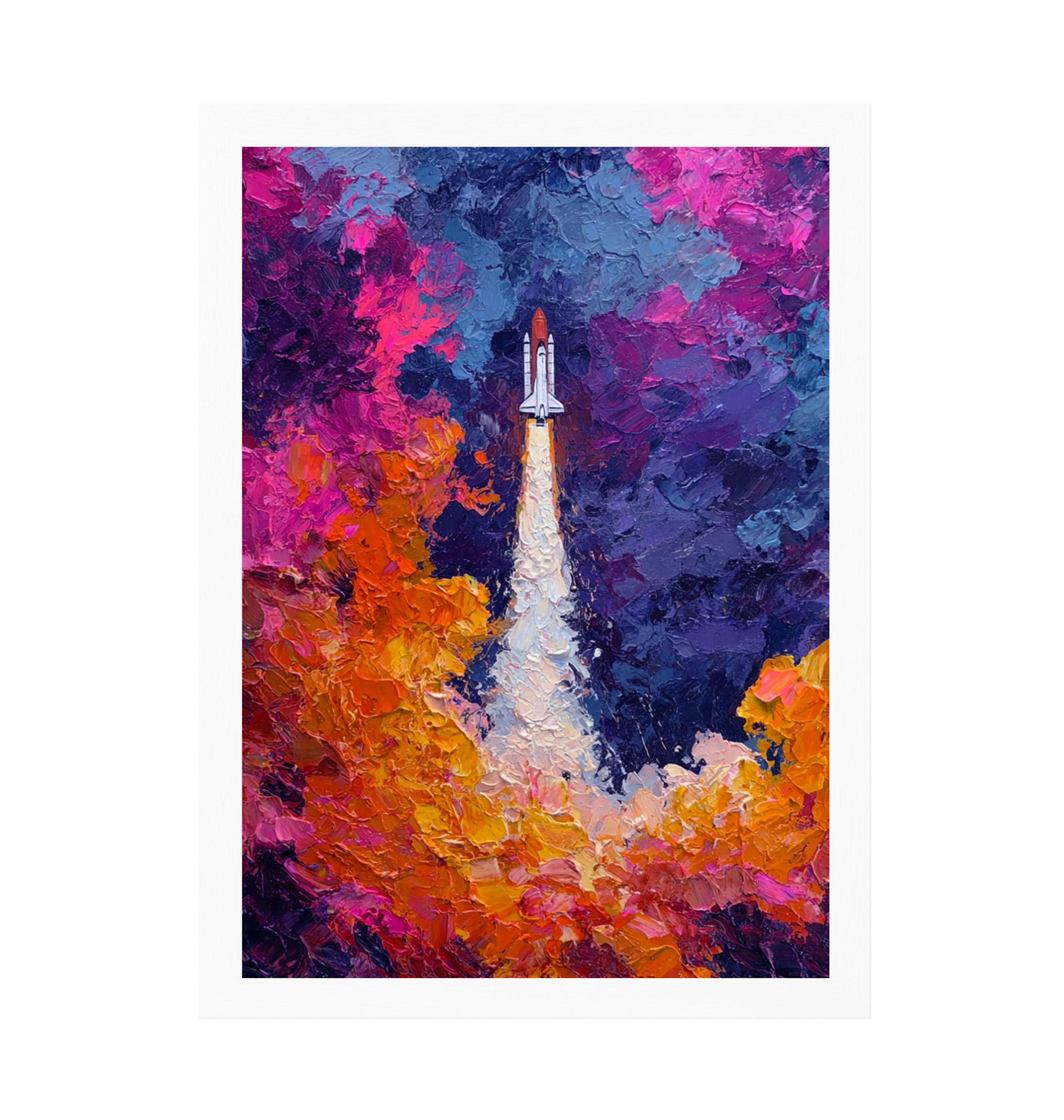 Impasto Space Shuttle Launch Art Print, NASA Liftoff Rocket Ship Poster ...