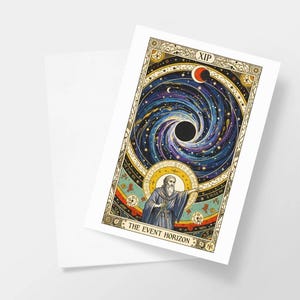 Cartão de felicitações com a carta de tarô Horizonte de Eventos, papelaria com tema de física de buracos negros interestelares, bilhete espacial místico