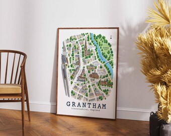 Stadtplan von Grantham, Wandbild für Lincolnshire, Reiseposter für England