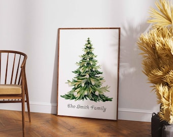 Personalisierter Weihnachtsbaum-Druck, Wandbild mit Familiennamen, Weihnachtsdeko in Aquarell