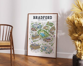 Bradford-Stadtplan als Kunstdruck, Wandbild für West Yorkshire, UNESCO-Filmstadt-Poster