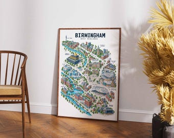 Illustrierter Stadtplan von Birmingham, Wandbild für das Stadtzentrum, Poster für die West Midlands