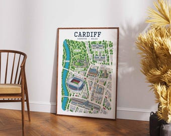 Illustrierter Stadtplan von Cardiff, Wandbild für das Stadtzentrum, Reiseposter für Wales