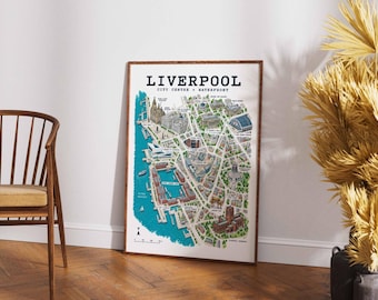 Illustrierte Liverpool-Karte, Wandbild für die Uferpromenade, Merseyside-Poster