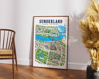 Illustrierte Karte von Sunderland, Wandbild für Tyne and Wear, England-Poster