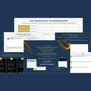 May include: A collection of informational documents with text and graphics, including the "Micro-Niche Validation Matrix" and "Define Your Audience & Why to Ensure Your Success." The documents are on a dark blue background.