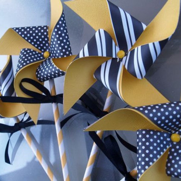 Black and Yellow Stripes and Dots Paper Pinwheels on Yellow Stripe Paper Straws Set of 4