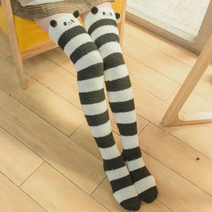 Panda Thigh High Socks Black White Striped Fuzzy Over the Knee Socks Women Cute Animal Plush Long Socks Warm Winter Kawaii Gift
