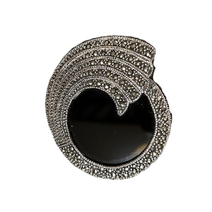 Vintage 925 Black Onyx and Marcasite Swirl Brooch Pin