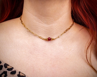 Karneol Choker Halskette, Zierliche Goldgliederkette, Edelstein Schmuck, Elegante Layering Kette