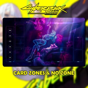 May include: A rectangular playmat for the Cyberpunk TCG featuring a dark purple and blue background with neon pink and blue character illustrations. The surface includes white grid lines, labeled card zones, and a vertical column for dice values D4 to D20.
