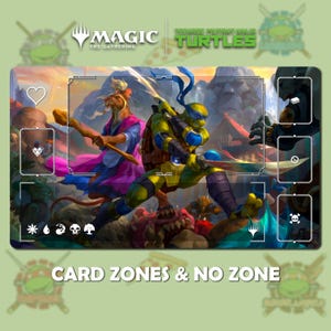 Könnte beinhalten: Rechteckige Spielmatte mit Charakteren von Teenage Mutant Ninja Turtles und Magic: The Gathering. Die Matte hat eine farbenfrohe Illustration von Leonardo und Splinter. Die Worte "CARD ZONES & NO ZONE" sind unten aufgedruckt.
