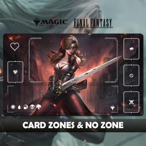 Könnte beinhalten: Spielmatte für Magic: The Gathering und Final Fantasy mit einer Kriegerin mit Schwert. Die Matte hat Kartenzonen und den Text "CARD ZONES & NO ZONE". Der Hintergrund zeigt eine feurige Szene.