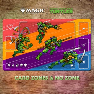 May include: A playmat featuring the Teenage Mutant Ninja Turtles, with a colorful background of orange, purple, and blue stripes. The mat has zones for cards and includes the Magic: The Gathering logo.