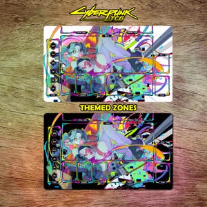 May include: Two rectangular playmats for the Cyberpunk TCG, one with a white background and one with a black background. Both feature a central illustration of a character with blue hair blowing a bubble, surrounded by labeled game zones.