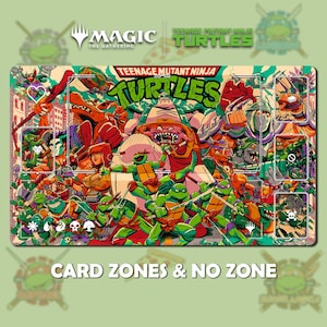 May include: A playmat featuring a colorful collage of Teenage Mutant Ninja Turtles characters. The design includes the text "Teenage Mutant Ninja Turtles" and "Card Zones & No Zone". The Magic: The Gathering logo is also visible.