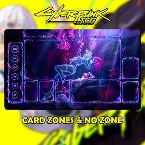 May include: A rectangular playmat for the Cyberpunk TCG featuring a dark background with neon blue and purple graphics. It includes designated card zones labeled Field, Rival Gigs, Friendly Gigs, Deck, Trash, Legends, Eddies, and Fixer with D4 to D20 dice slots.