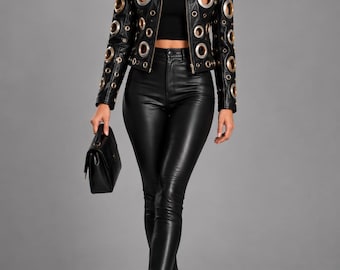 Handverzierte Lederjacke mit Ösen, Punk-Gothic-Bikerjacke, kurzer Motorrad-Stil