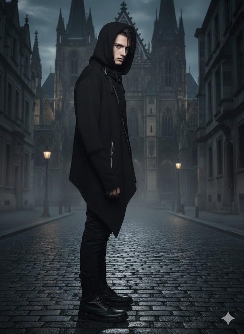 K&ouml;nnte beinhalten: Eine Person in einem schwarzen Kapuzenmantel und einer schwarzen Hose steht auf einer Kopfsteinpflasterstra&szlig;e. Der Mantel hat ein asymmetrisches Design mit Rei&szlig;verschluss. Im Hintergrund eine gotische Kathedrale und Stra&szlig;enlaternen.