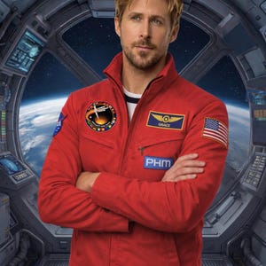 May include: A man with blonde hair wearing a red jacket with various patches, including a US flag and a circular emblem. The jacket has a zip and a small pocket. The background depicts a spaceship interior with a view of Earth.
