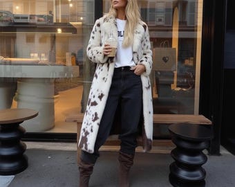 Langer Mantel aus Kunstpelz mit Kuhmuster, Plüsch-Teddybär-Winterjacke, Damen-Oberbekleidung