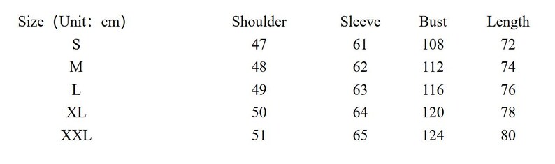 K&ouml;nnte beinhalten: Eine Gr&ouml;&szlig;entabelle f&uuml;r Kleidung mit Ma&szlig;en in Zentimetern. Die Tabelle umfasst die Gr&ouml;&szlig;en S, M, L, XL und XXL, mit entsprechenden Schulter-, &Auml;rmel-, Brust- und L&auml;ngenma&szlig;en. Der Text ist schwarz auf hellem Hintergrund.