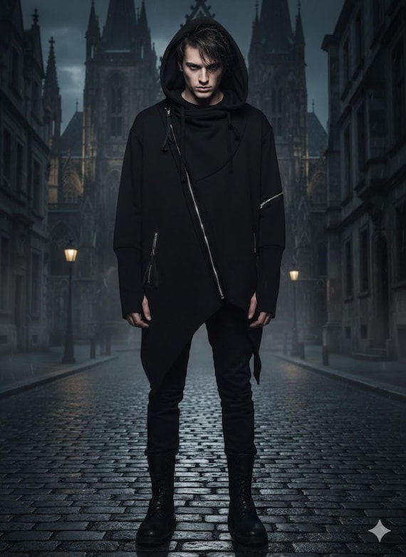 Men's Asymmetric Gothic Trench Coat | Hooded Punk Streetwear Jacket