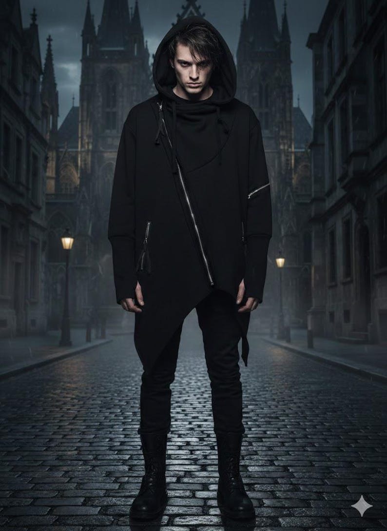 K&ouml;nnte beinhalten: Schwarze Kapuzenjacke mit asymmetrischem Rei&szlig;verschluss, schwarze Hose und Stiefel. Die Jacke hat einen drapierten Ausschnitt und lange &Auml;rmel. Das Outfit befindet sich auf einer Kopfsteinpflasterstra&szlig;e mit einem gotischen Geb&auml;ude im Hintergrund.