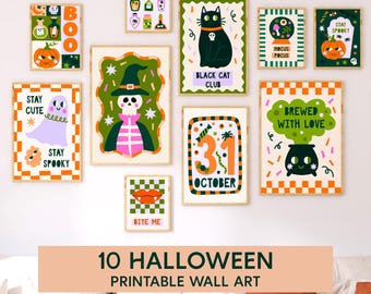 May include: A collection of ten Halloween-themed printable wall art pieces. The art features various spooky illustrations, including a black cat, a ghost, a skeleton, a cauldron, and pumpkins. The color palette includes orange, green, black, and white.