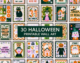 May include: A collection of 30 Halloween-themed printable wall art pieces. Each framed print features colorful illustrations of pumpkins, ghosts, witches, and other spooky elements. Text includes phrases like "Happy Halloween" and "Stay Spooky."